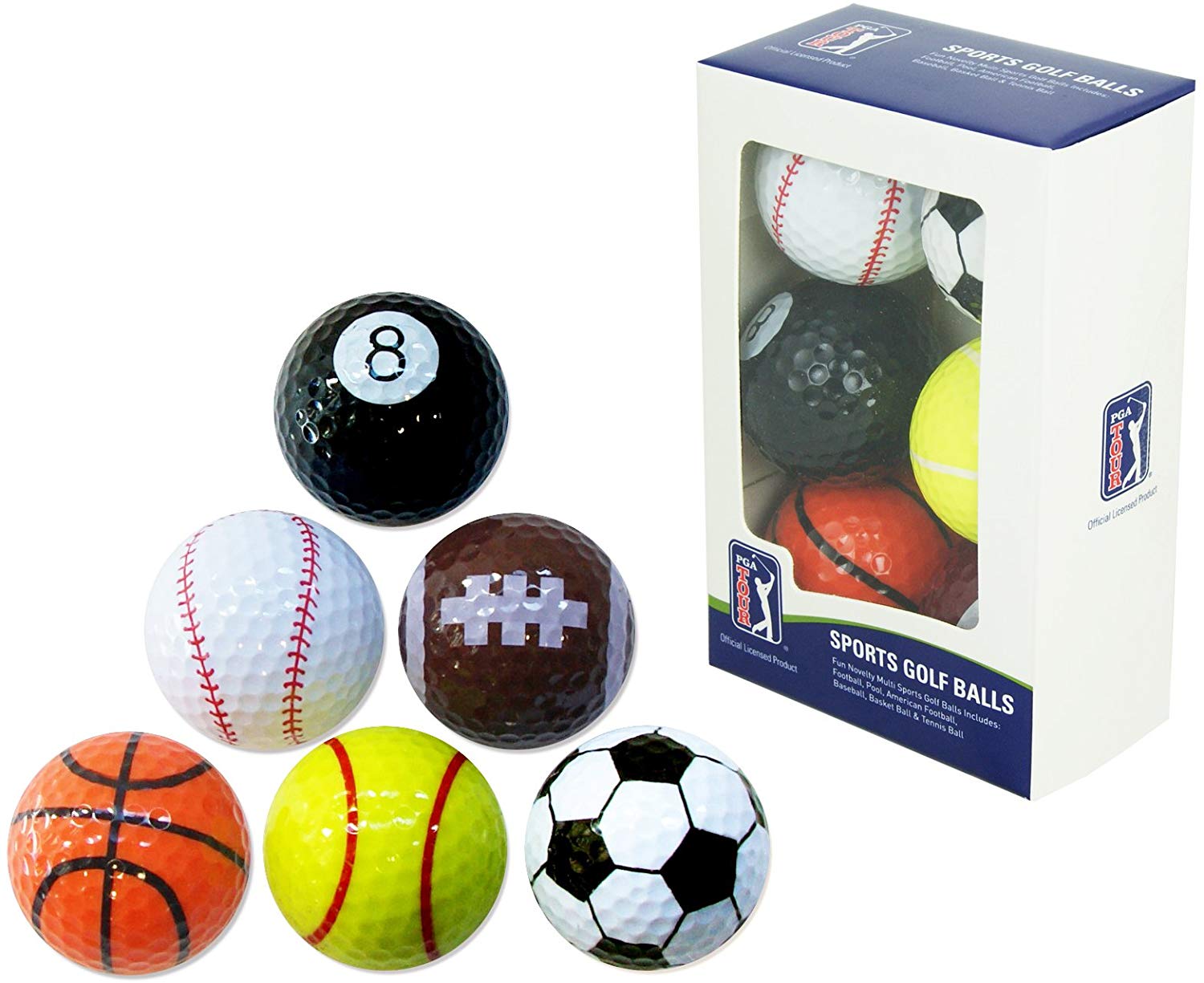 PGA Tour Novelty Golf Balls Set, 6 Designs Coloured Golf Balls, Fun Sport Golf Ball Pack, Unique Gift Idea, Premium Quality
