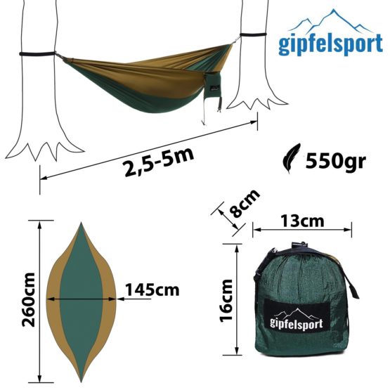 gipfelsport Hammock- Ultralight parachute silk hammock | for up to 2 persons up to 300kg | for indoor and outdoor | Travel hammock with 2x straps or 2x ropes - Image 2