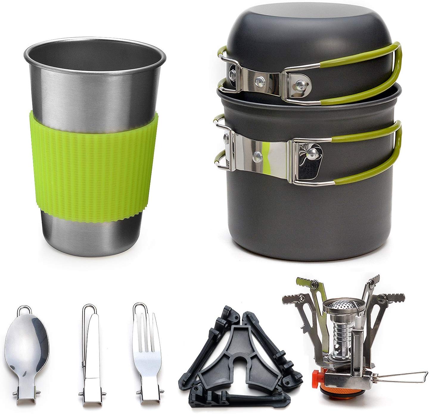 Odoland Camping Saucepans Set, 10 Pieces Durable Aluminium Complete Kitchen Utensils with Ultralight Portable Stove for Hiking Fishing