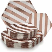 PARTY DISPOSABLE 36 PC DINNERWARE SET | 18 Dinner Plates | 18 Side Plates | Heavyweight Paper Plates | Hexagon Design | for Upscale Wedding and Dining (Stripe Collection – White/Rose)