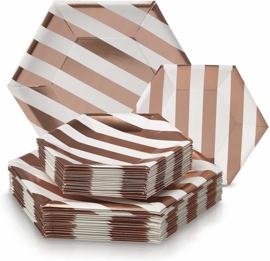 PARTY DISPOSABLE 36 PC DINNERWARE SET | 18 Dinner Plates | 18 Side Plates | Heavyweight Paper Plates | Hexagon Design | for Upscale Wedding and Dining (Stripe Collection – White/Rose)