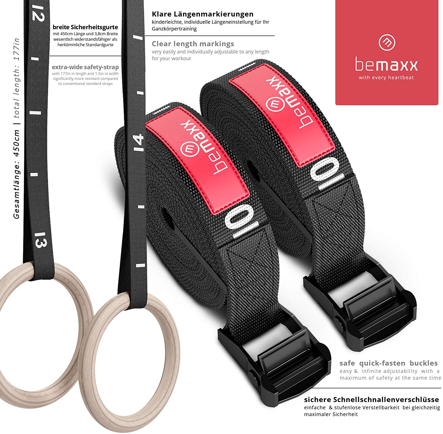 Gymnastic Rings Set Wood + Door Anchor Attachment, Exercise eBook & Adjustable Safety Straps + Length Markings - Image 4