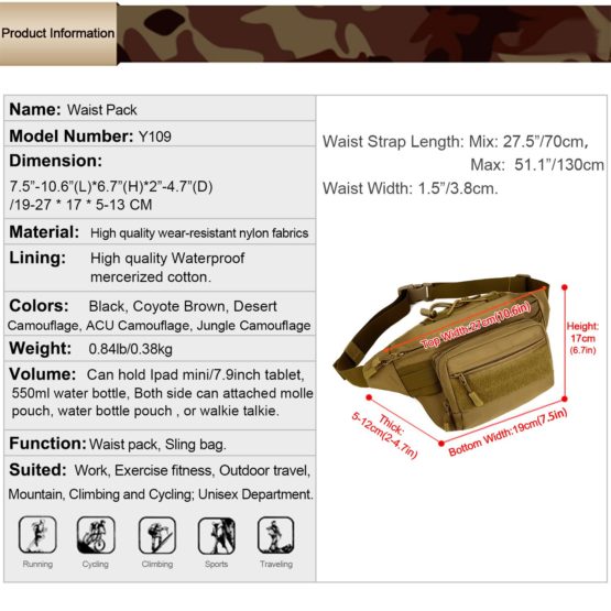HUNTVP Tactical Waist Bag Molle Fanny Pack Bumbag Hip Running Bag Bum bags for Men Women Hiking Camping Running Dog Walking Travel Outdoors - Image 4