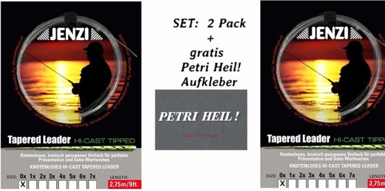 Jenzi Set: 2 Pack Knotless Tapered Leader X/0.30/0.57 + Free Petri Heil. [German Language