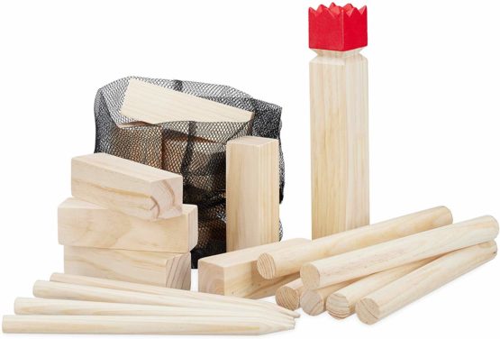 Relaxdays Unisex-Youth Kubb Viking, Nordic Tossing, Outdoor, Red King, Big, Garden Game with Bag,Natural Wood, Brown, One Size