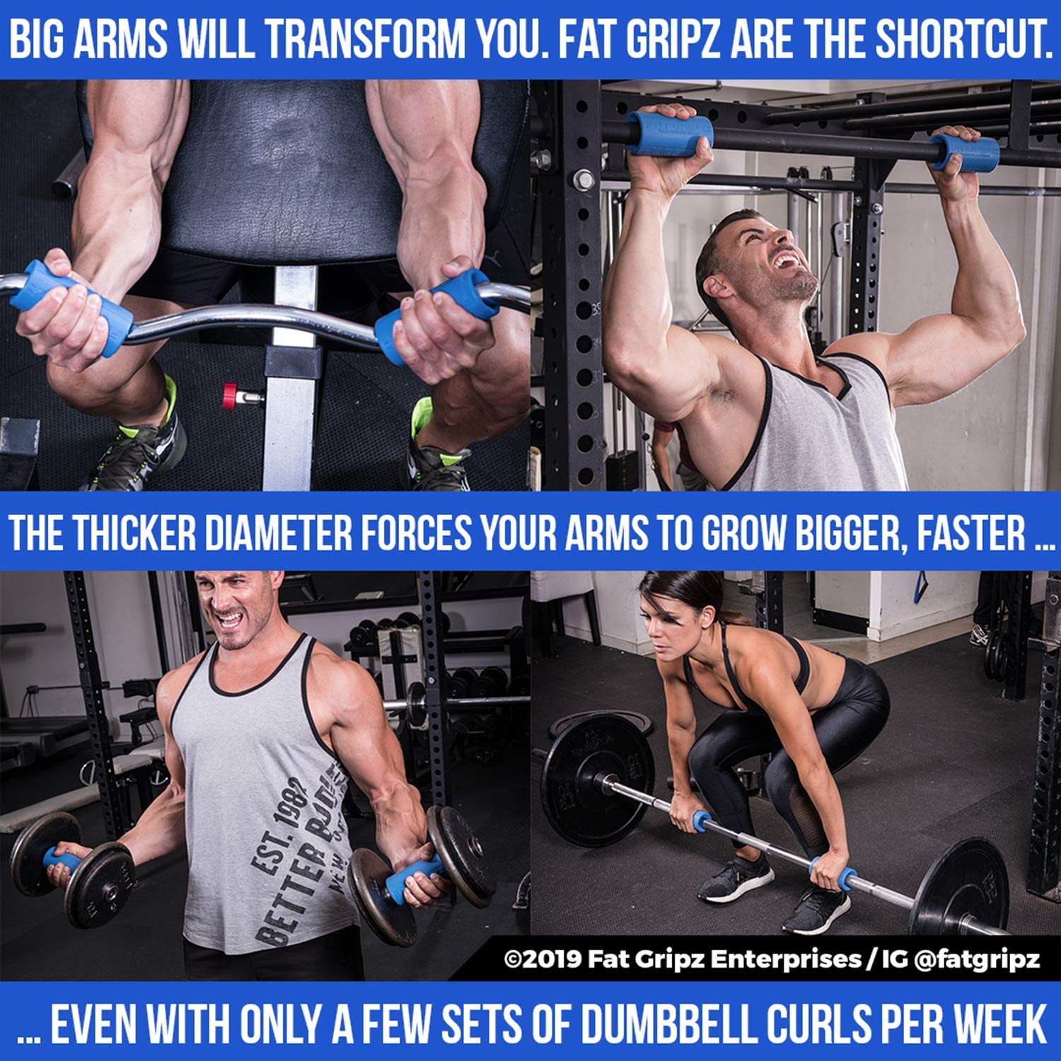 Fat Gripz - Thick Grips - Increased Muscle Fiber Activation - Bigger Arms (4x Men's Health Award Winner), Blue, 2.25" - Image 2
