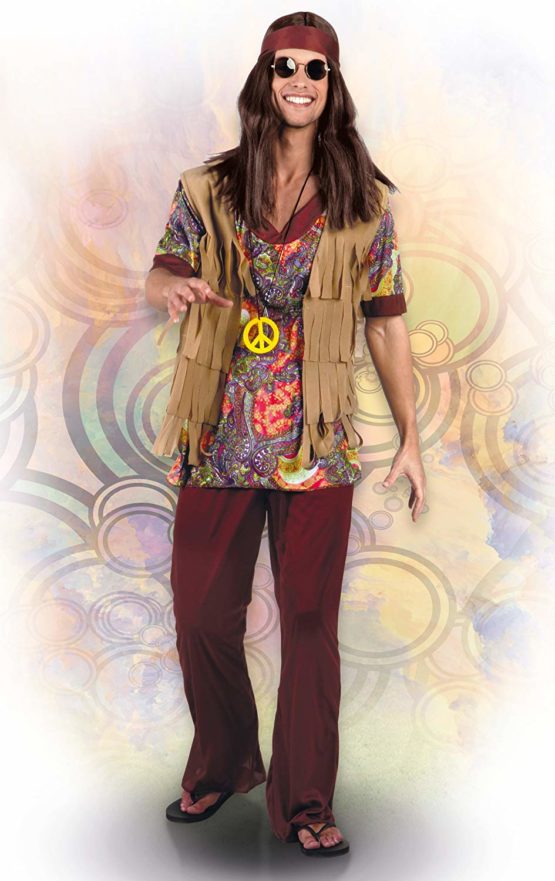 1960s Hippy Mens Fancy Dress Retro Groovy 60s Hippie Adults Costume Outfit - Image 4