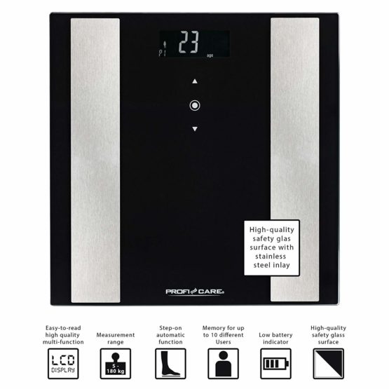 ProfiCare PC-PW 3007 FA 8-in-1 Electronic Glass Personal Scales with Stainless Steel Inlay, Multifunctional LCD Display, Sensor Touch Operation - Image 3