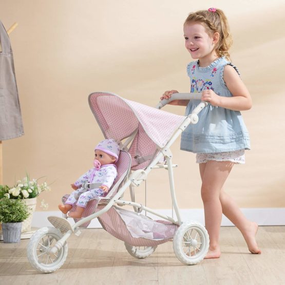 Olivia's Little World Pink Polka Dot Twin Dolls Pram Stroller Pushchair For Baby Dolls Toy Pram With Storage UK-OL-00004 - Image 3