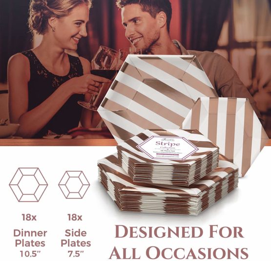 PARTY DISPOSABLE 36 PC DINNERWARE SET | 18 Dinner Plates | 18 Side Plates | Heavyweight Paper Plates | Hexagon Design | for Upscale Wedding and Dining (Stripe Collection – White/Rose) - Image 2