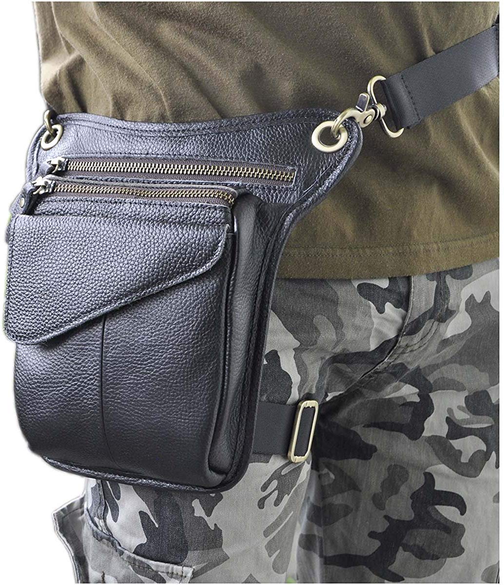 Le'aokuu Mens Genuine Leather Messenger Hip Bum Blet Waist Pack Tactic Drop Leg Thigh Bag (211-3 The Black) - Image 2