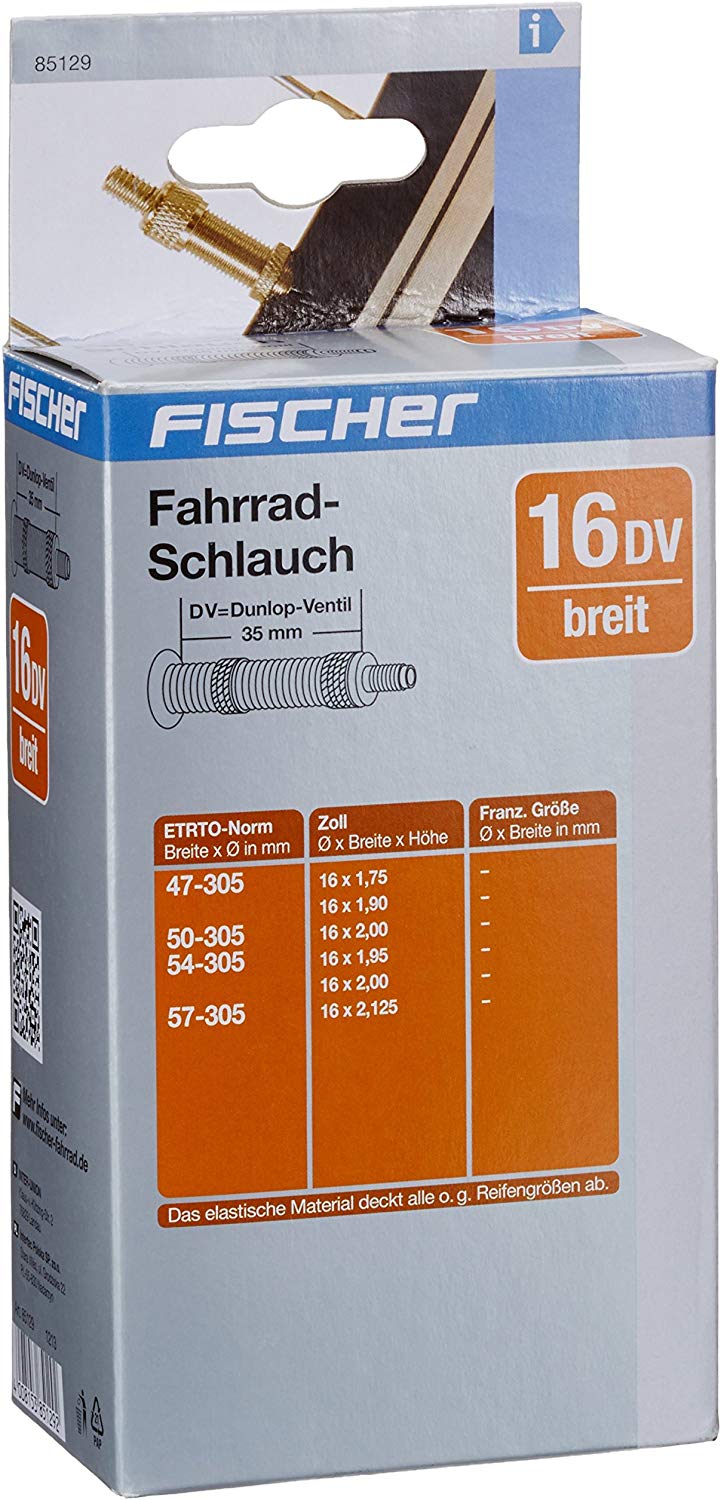Fischer Bicycle Inner Tube with Dunlop 16 Inches Wide 85129, Dunlop valve, 406 x 406-54 mm