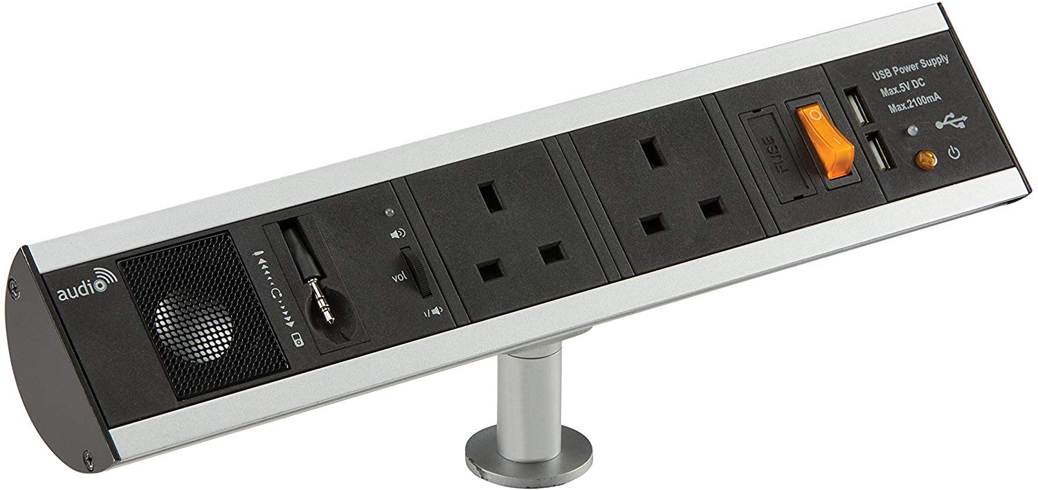 Knightsbridge SK004 2G Power Station with Built In Speaker And USB Charger Ports, Black, Twin 13A + USB + Spkr