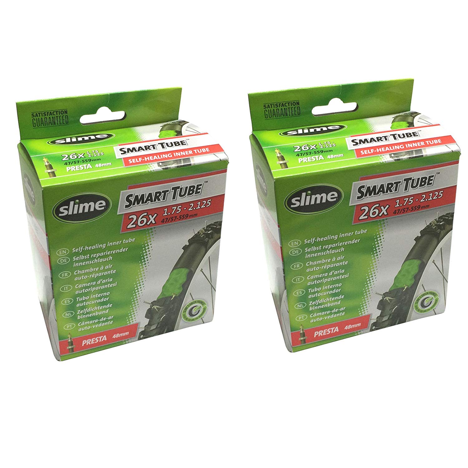 Slime Smart Tube Self Healing 26" x 1.75-2.125 Presta Inner Tubes (Pack of 2), Green