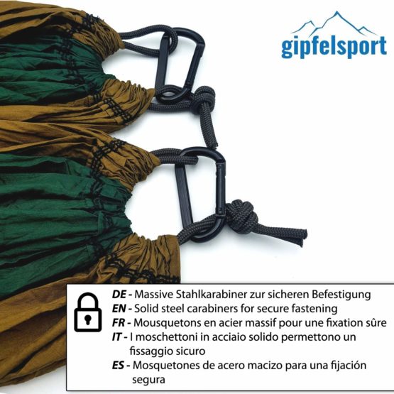 gipfelsport Hammock- Ultralight parachute silk hammock | for up to 2 persons up to 300kg | for indoor and outdoor | Travel hammock with 2x straps or 2x ropes - Image 3