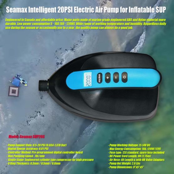 Seamax SUP Electric Air Pump for Inflatable Paddle Board, Max 20 PSI, Additional Fittings Included, Pro Edition Built in Temperature Sensor and Voltage Meter - Image 2