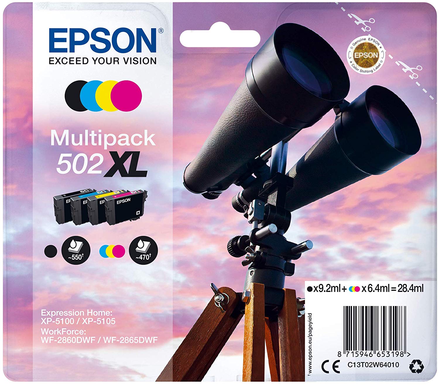 Epson Multipack of 502XL Ink Cartridges with 4 Colours (Original, Pigment Ink, Black, Cyan, Magenta, Yellow, 4 Pieces