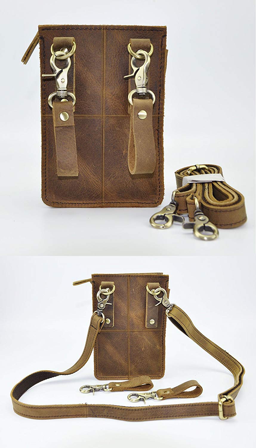 Le'aokuu Men Quality Leather Small Travel Outdoor Hip Bum Belt Waist Pack Satchel Messenger Bag Phone Pouch 021 (A2 Light Brown) - Image 3