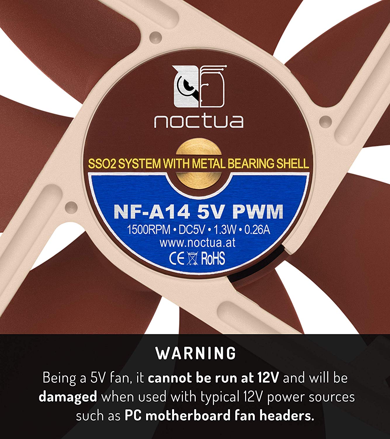 Noctua NF-A14 5V PWM, Premium Quiet Fan with USB Power Adaptor Cable, 4-Pin, 5V Version (140mm, Brown), Marrón - Image 2