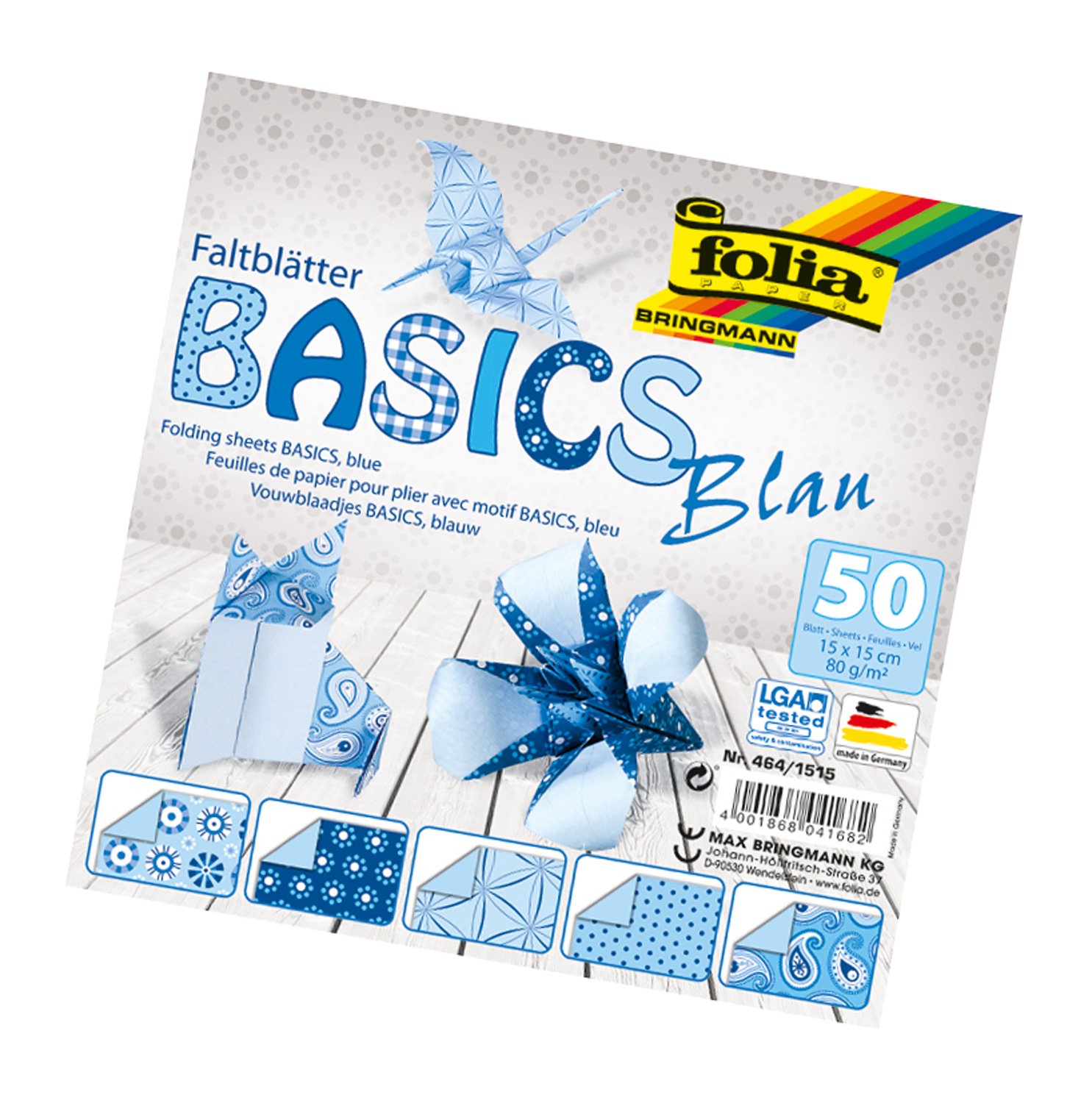 Bringmann Folia Basics folding sheets, 80 g/qm, 50 sheets assorted in 5 designs, blue, 15 x 15 cm
