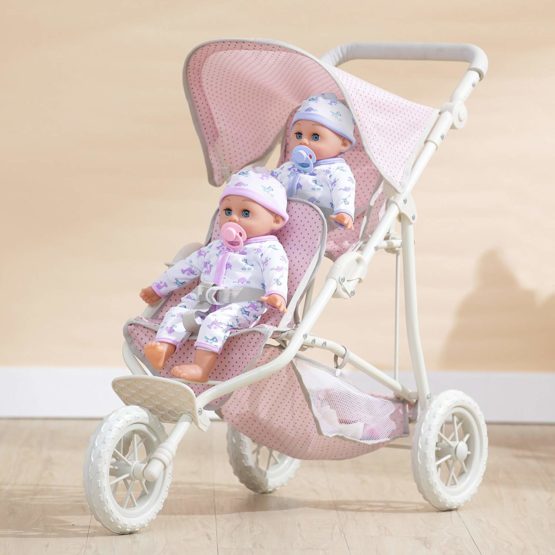 Olivia's Little World Pink Polka Dot Twin Dolls Pram Stroller Pushchair For Baby Dolls Toy Pram With Storage UK-OL-00004 - Image 2