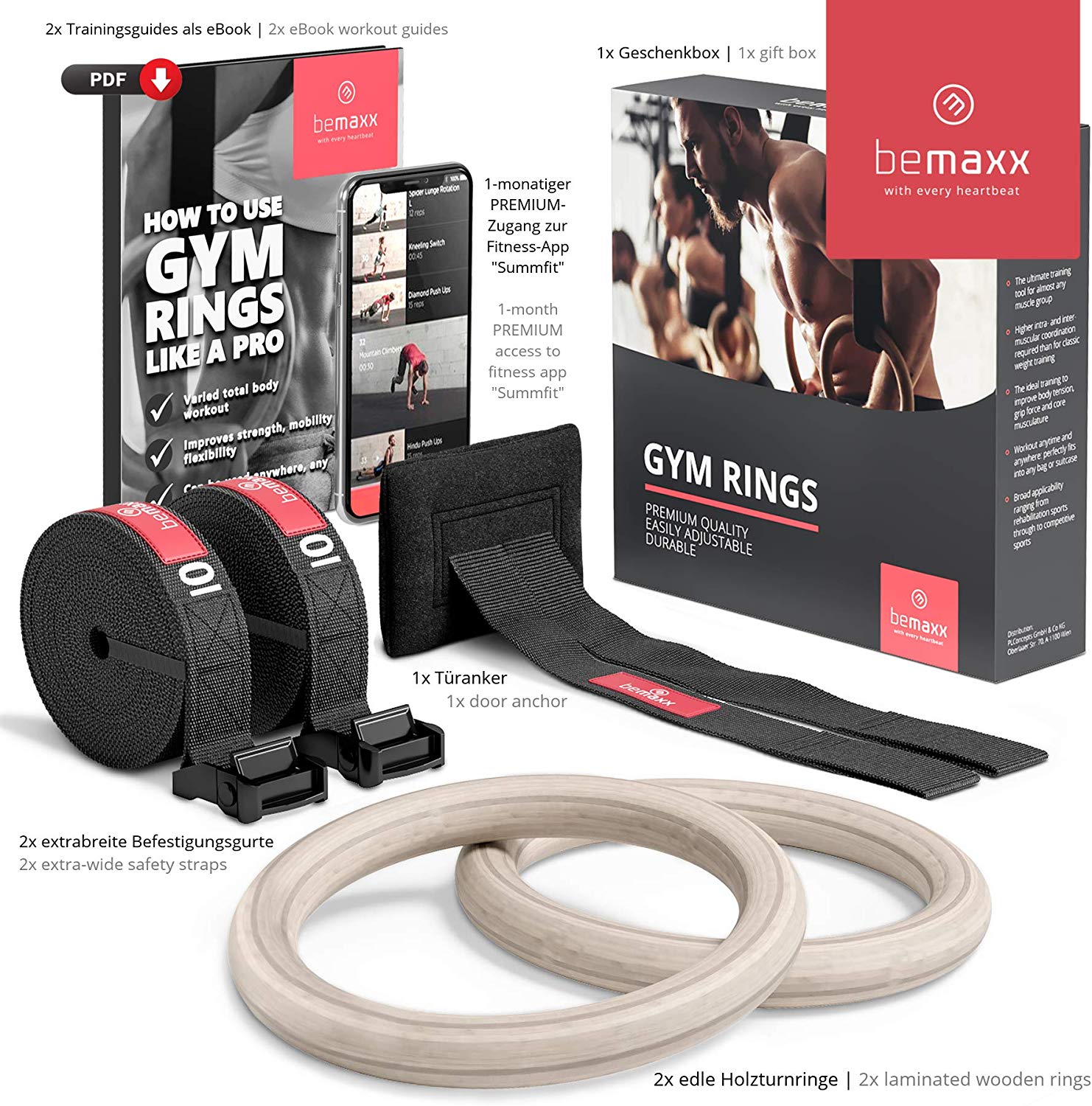 Gymnastics Rings Wooden Gym Rings + Door Anchor & Training eBook