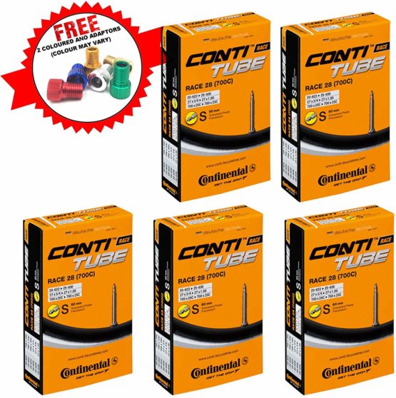 Continental Race 28 700 x 20-25c Road Bike Inner Tubes - 60mm Presta Valve (Pack of 5) - with Ano Adapters