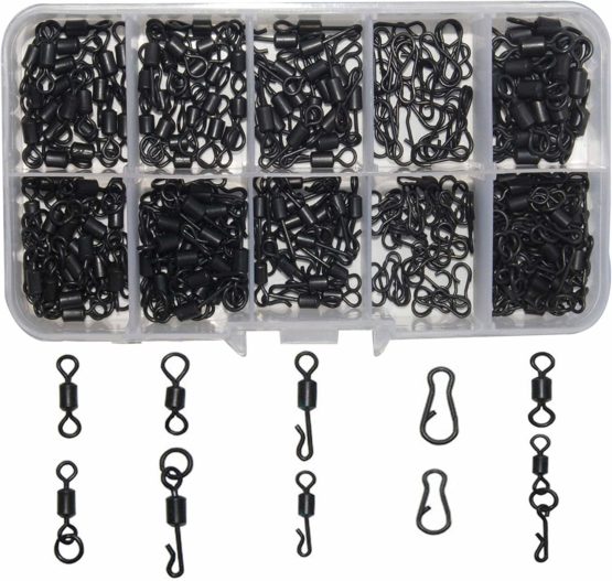 SHADDOCK 150pcs/box Matte Black Carp Fishing Swivel Clips Rolling Ring Swivel Speed Links Snaps Quick Change/Release Swivels Rigs Kit with Tackle Box for Carp Coarse Sea Fishing