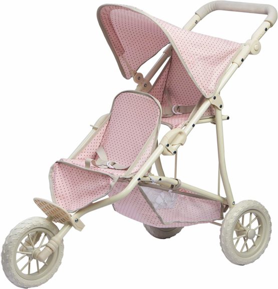 Olivia's Little World Pink Polka Dot Twin Dolls Pram Stroller Pushchair For Baby Dolls Toy Pram With Storage UK-OL-00004