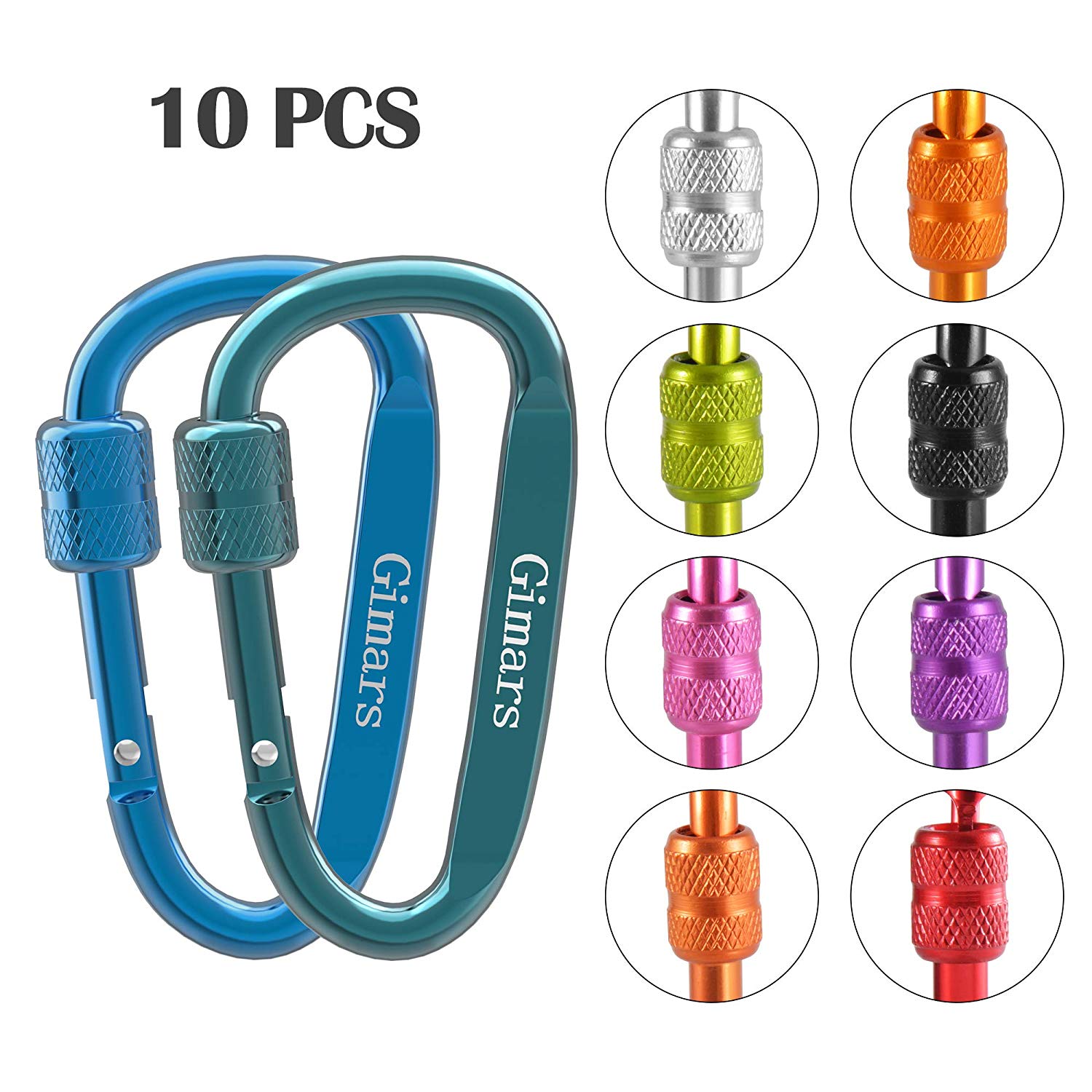 Gimars 10 PCS 6cm D Shape with Locking Screw Nuts, Spring-loaded Gate Carabiner Clips
