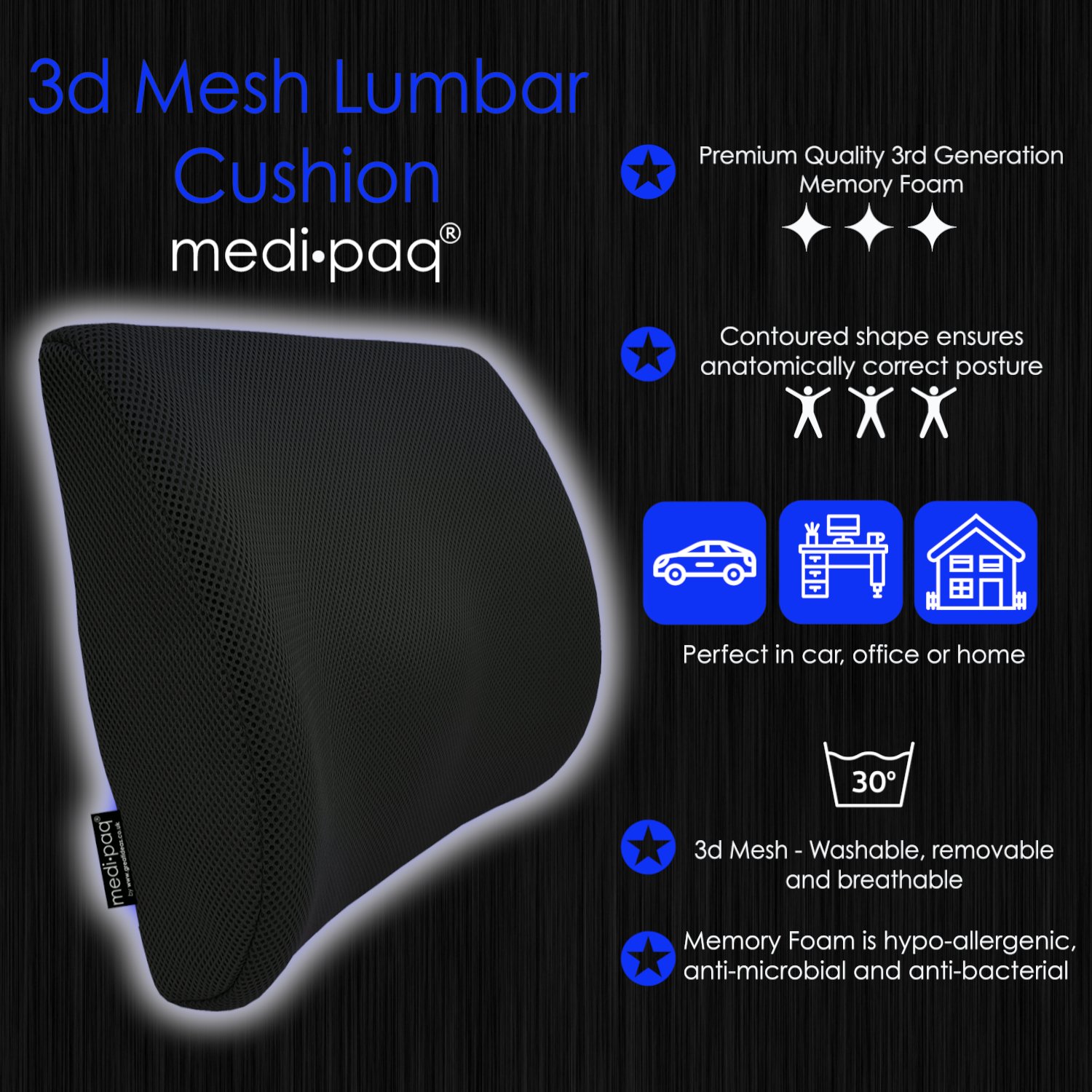 Medipaq ‘3D’ Mesh Orthopaedic Memory Foam Lumbar Support Cushion with Air Circulation