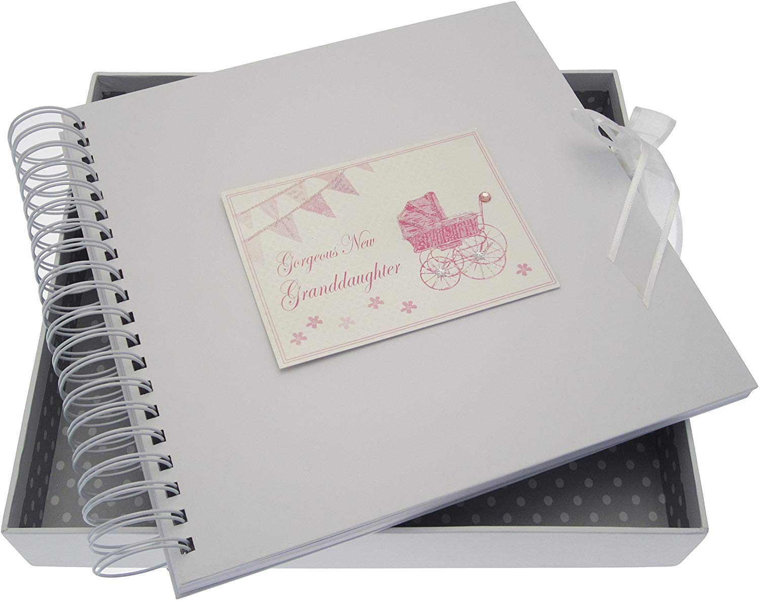 White Cotton Cards New Granddaughter Card/Memory Book (Pink Pram and Bunting)