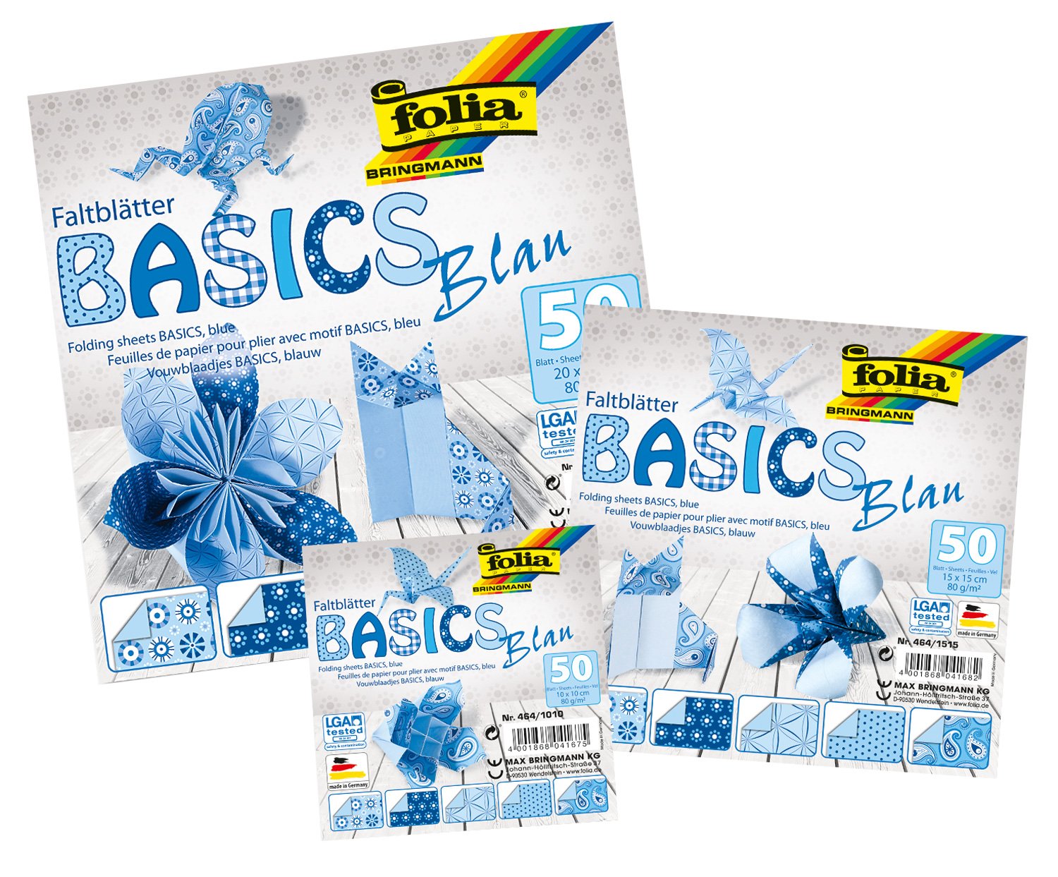 Bringmann Folia Basics folding sheets, 80 g/qm, 50 sheets assorted in 5 designs, blue, 15 x 15 cm - Image 2