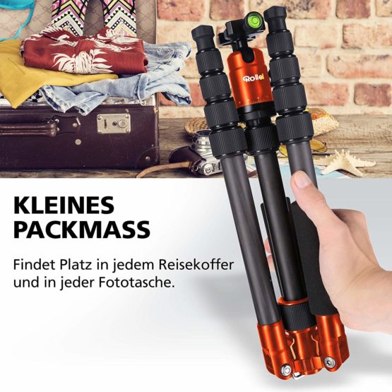 Rollei Compact Traveler No 1 Carbon I Orange I Light travel tripod I Small pack size photo tripod I Ball head and tripod bag - Image 2