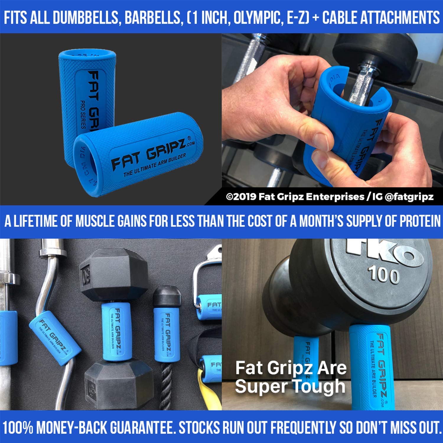 Fat Gripz - Thick Grips - Increased Muscle Fiber Activation - Bigger Arms (4x Men's Health Award Winner), Blue, 2.25" - Image 4