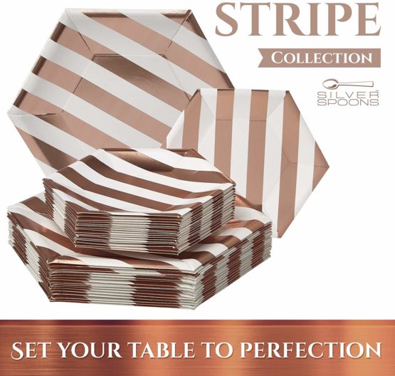PARTY DISPOSABLE 36 PC DINNERWARE SET | 18 Dinner Plates | 18 Side Plates | Heavyweight Paper Plates | Hexagon Design | for Upscale Wedding and Dining (Stripe Collection – White/Rose) - Image 4