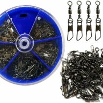 SHADDOCK 100pcs Barrel Swivel with Safty Snap Connector Fishing Tackle Box Kit,Size 6#,8#,10#,12#,14#
