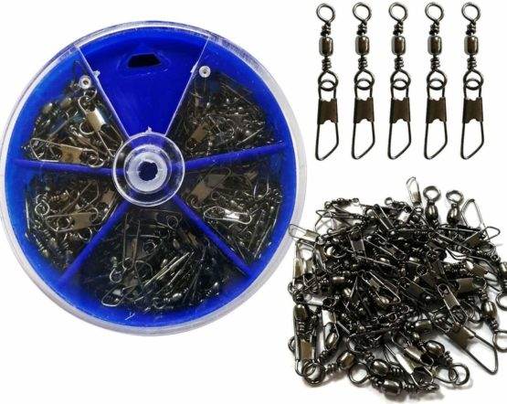 SHADDOCK 100pcs Barrel Swivel with Safty Snap Connector Fishing Tackle Box Kit,Size 6#,8#,10#,12#,14#