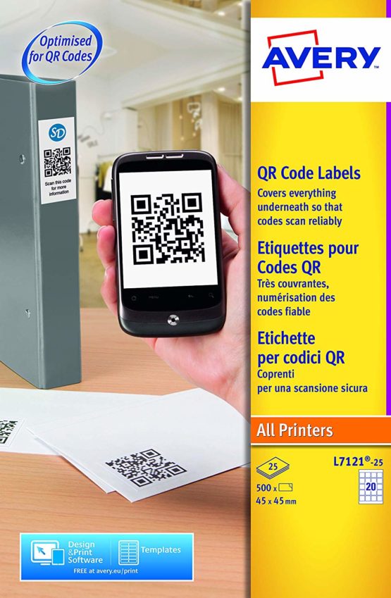 Avery L7121-25 QR Code Labels (A4 Sheets of 45 x 45 mm, 20 Labels per Sheet, 25 Sheets) - White - Image 3
