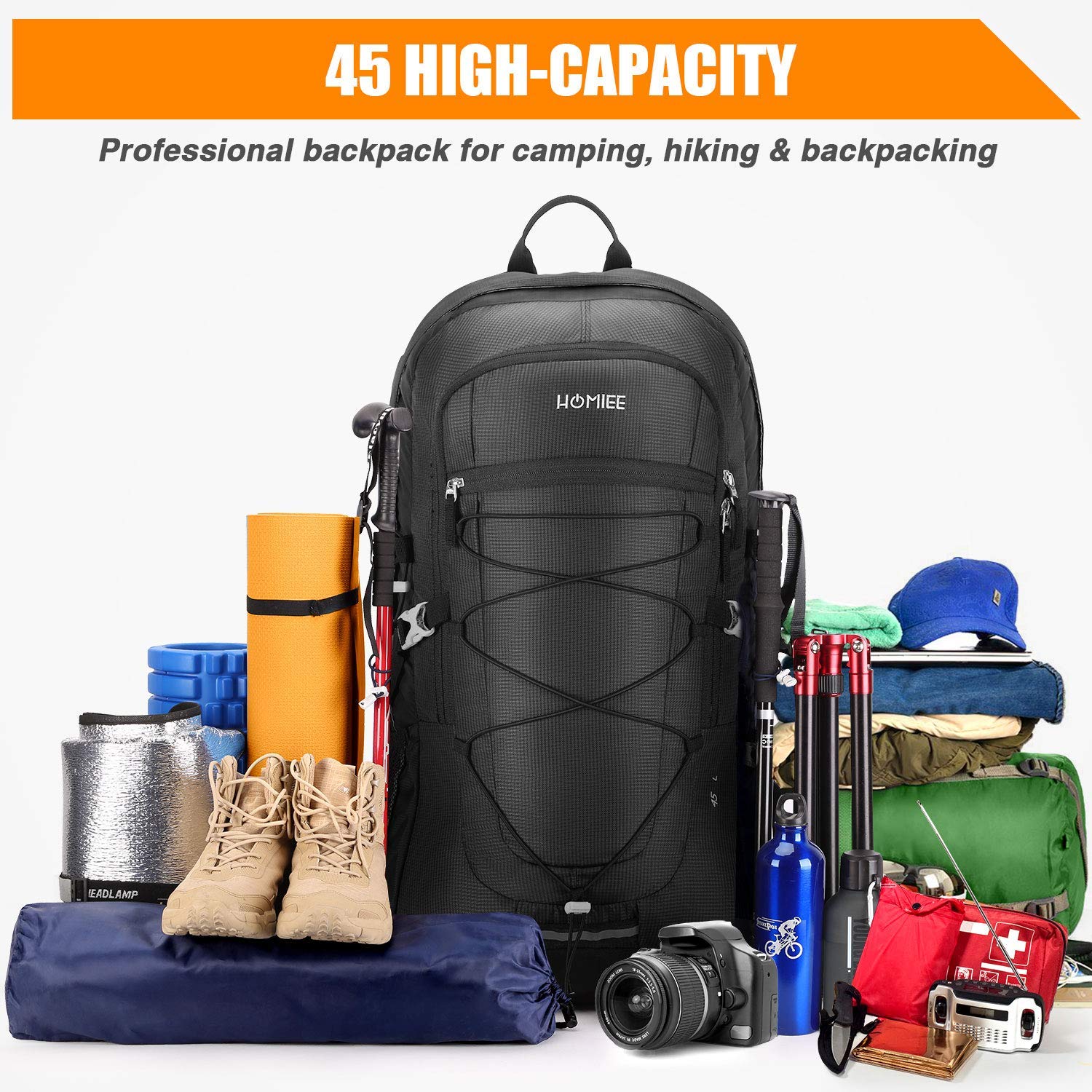 HOMIEE 45L Hiking Backpack Waterproof Rucksack for Men Women-Durable Travel Daypack Lightweight Camping Bag for Outdoor Sports Walking,Trekking,Camping,Skiing - Image 2