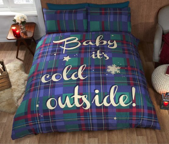 Baby It's Cold Outside Tartan Checked Quilt Duvet Cover and 2 Pillowcase Bedding Bed Set, Blue, Double