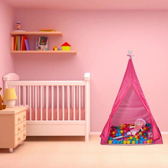 Relaxdays 10025738_113 Teepee Play Tent, in-and Outdoor Use, Wigwam with Floor Panel for Kids Age 3 and Up, Playhouse, 100x100 cm, Pink - Image 2