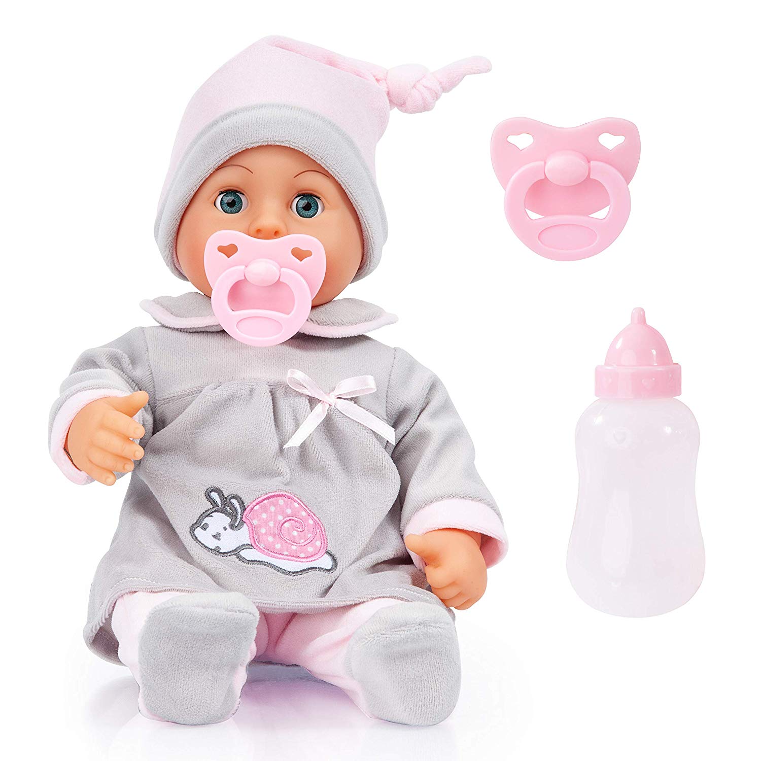 Bayer Design 93824BC Interactive baby doll, talking, soft body, sleeping eyes, cute outfit, dummy, bottle, 38 cm