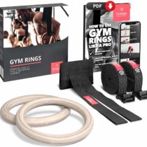 Gymnastic Rings Set Wood + Door Anchor Attachment, Exercise eBook & Adjustable Safety Straps + Length Markings
