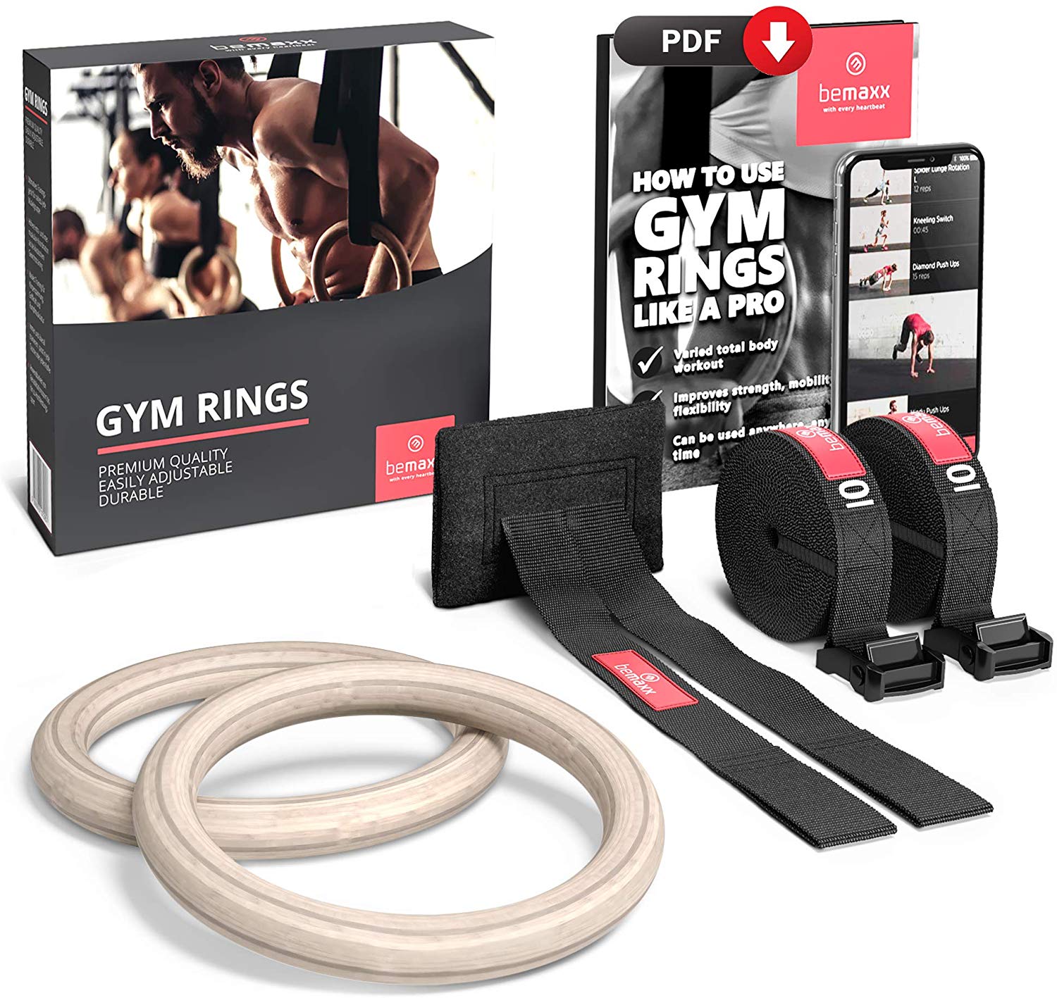 Gymnastic Rings Set Wood + Door Anchor Attachment, Exercise eBook & Adjustable Safety Straps + Length Markings