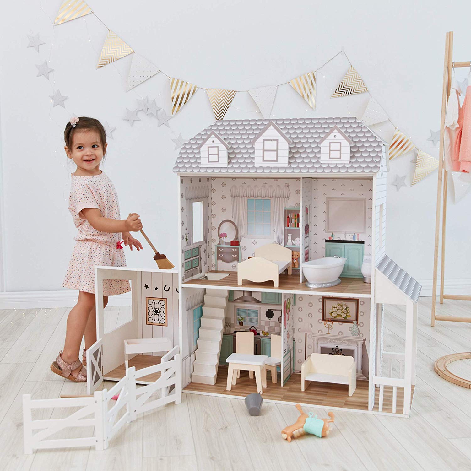 Olivia's Little World Dreamland Farmhouse Wooden Doll House with Horse Stable, Porch, and 14-pc. Accessory Set for 12" Dolls