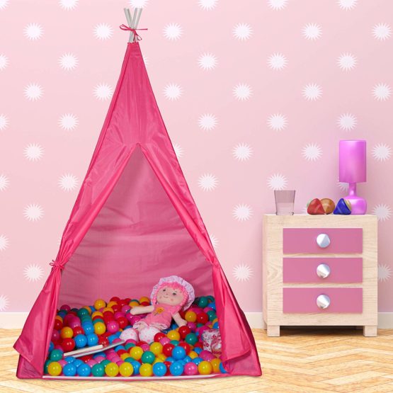 Relaxdays 10025738_113 Teepee Play Tent, in-and Outdoor Use, Wigwam with Floor Panel for Kids Age 3 and Up, Playhouse, 100x100 cm, Pink - Image 3