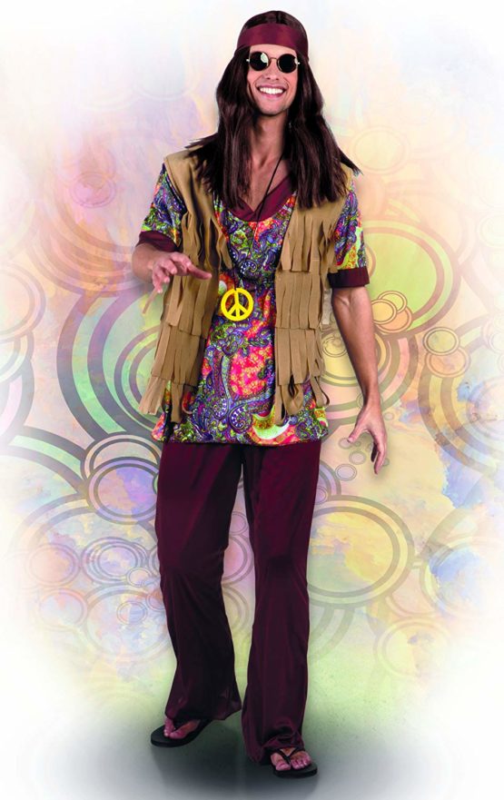 1960s Hippy Mens Fancy Dress Retro Groovy 60s Hippie Adults Costume Outfit - Image 3