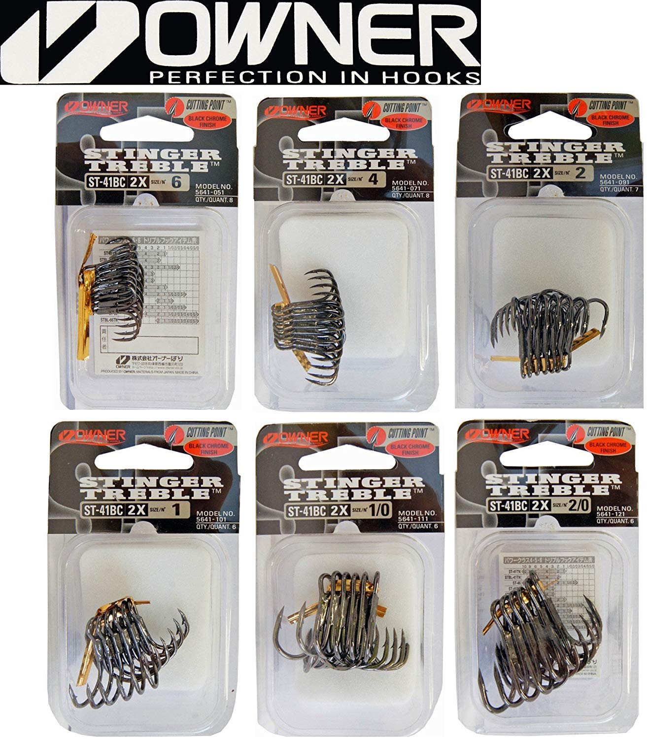 Owner treble hooks St 41, black 4, Black Chrome, Stinger ST-41BC size 4