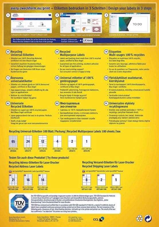 Avery Zweckform Universal Labels LR3655 (a4,200 Recycled Labels 210 x 148 mm 100 Sheets White - Image 2